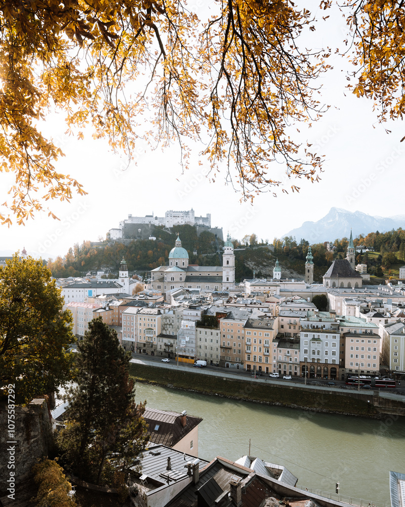 Salzburg historic city with Hohensalzburg fortress in fall, Salzburger Land, Austria