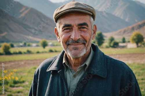 Close portrait of a smiling senior Tajik male farmer standing and looking at the camera, outdoors Tajik rural blurred background photo