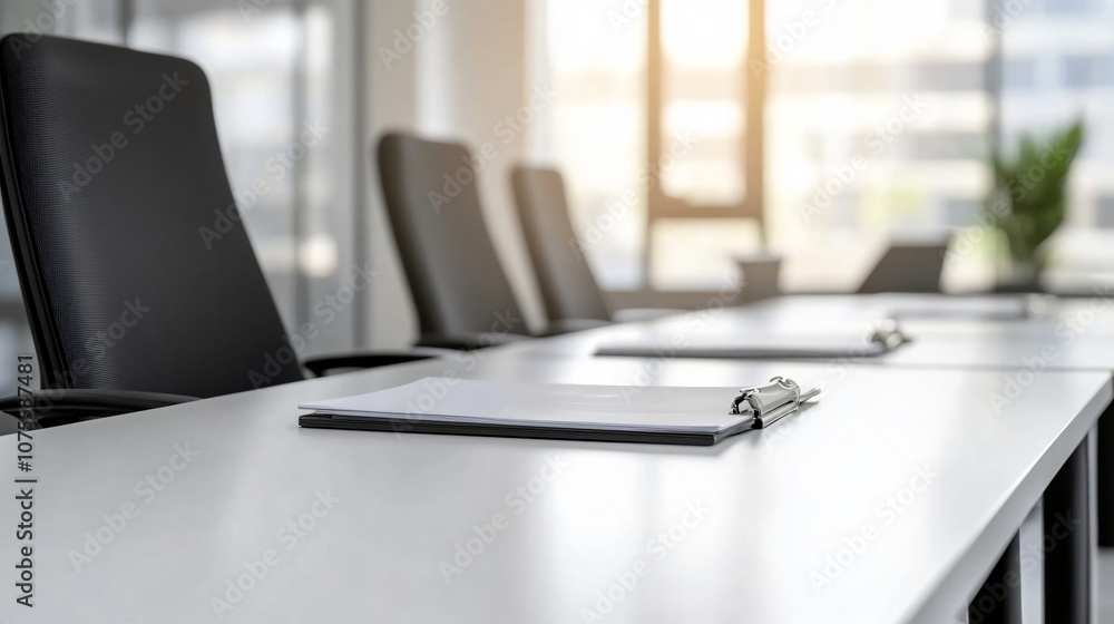 Clipboard with documents lying on white table in empty meeting room with chairs near window in modern office Clipboard with documents lying on white table in empty meeting room with chairs near window in modern office