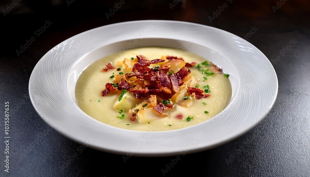 Creamy Irish potato soup made with potatoes, leeks, onions, and crispy bacon served hot in _1(1072) Creamy Irish potato soup made with potatoes, leeks, onions, and crispy bacon served hot in _1(1072)