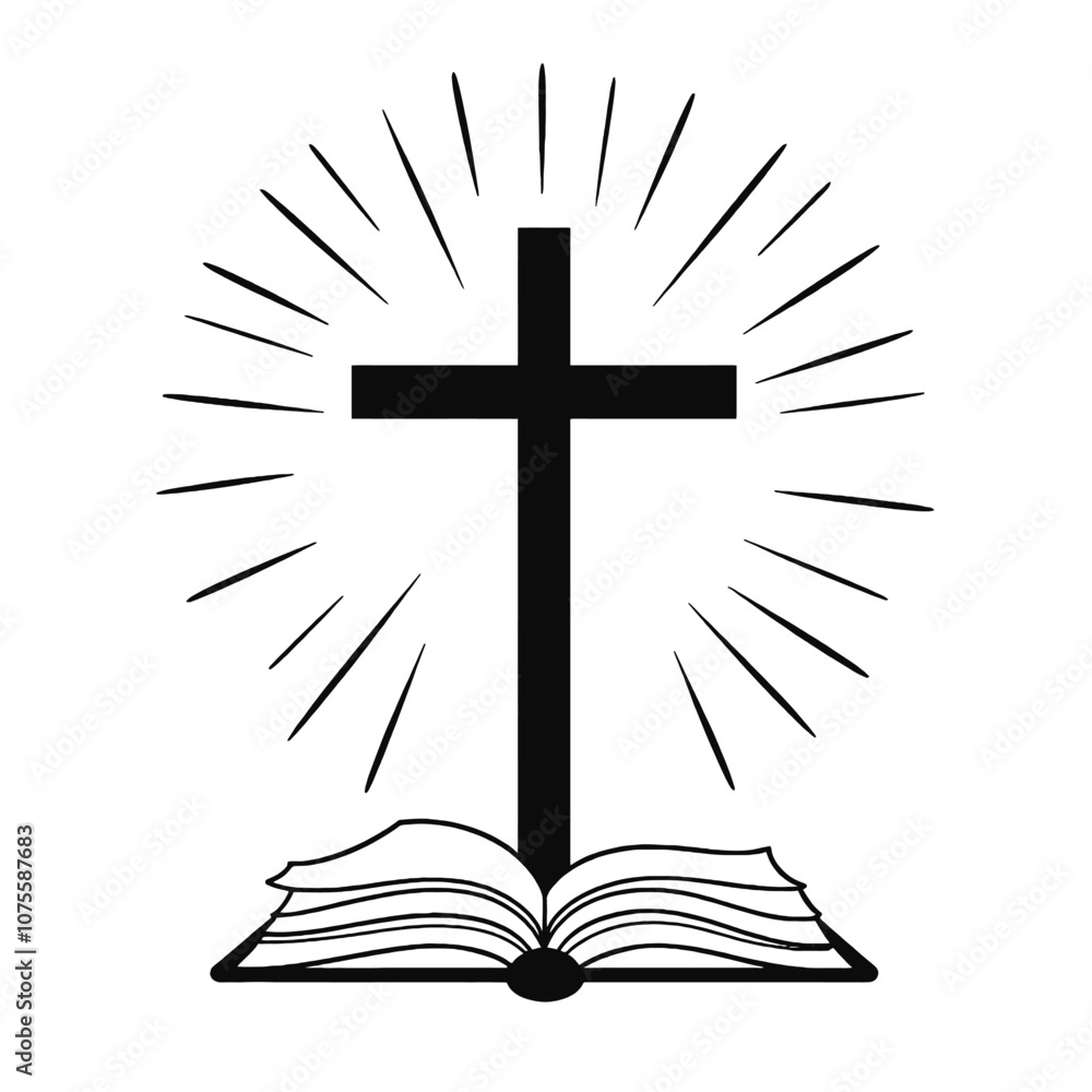 A black cross on an open book with rays of light emanating from behind it, representing a religious or spiritual symbol A black cross on an open book with rays of light emanating from behind it, representing a religious or spiritual symbol