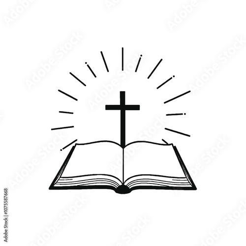 A black cross on an open book with rays of light emanating from behind it, representing a religious or spiritual symbol