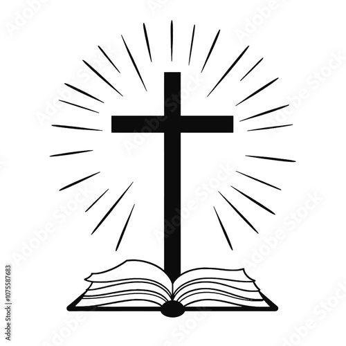 A black cross on an open book with rays of light emanating from behind it, representing a religious or spiritual symbol