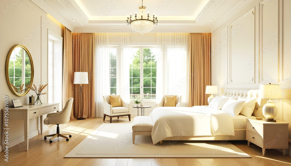 Fototapeta premium a bedroom with a large window and a bed with a lamp on it