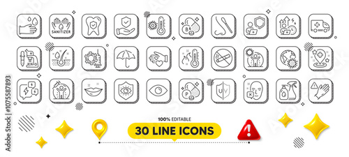 Eye, Vaccine protection and Vitamin b6 line icons pack. 3d design elements. Lips, Coronavirus vaccine, Thermometer web icon. Cleaning liquids, Serum oil, Stress pictogram. Vector
