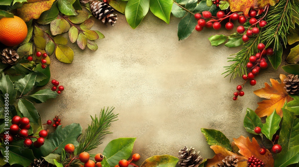 A vibrant holiday-themed poster template features a charming border of lush leaves and bright berries, perfect for seasonal celebrations. A vibrant holiday-themed poster template features a charming border of lush leaves and bright berries, perfect for seasonal celebrations.