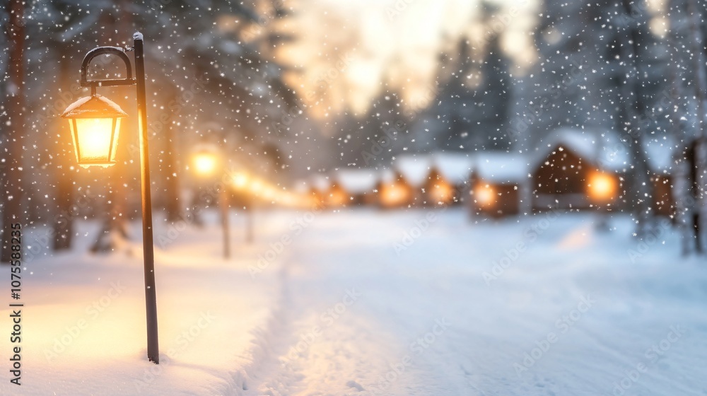 Soft snowfall lights up the street lamps, guiding the way to cozy cabins and forming a enchanting winter scene at dusk Soft snowfall lights up the street lamps, guiding the way to cozy cabins and forming a enchanting winter scene at dusk