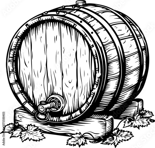 Vintage Wooden Barrel with Leaves Illustration