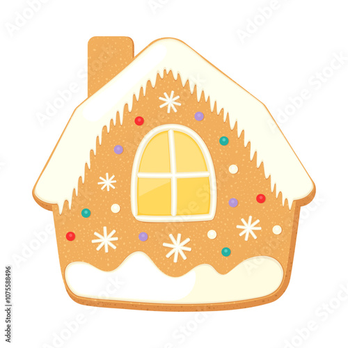 Christmas gingerbread house cute cookie. Cartoon vector illustration home shortbread red sugar icing. Shortcrust pastry bakery single item. Winter holiday sweet shortcake gingerbread house icon.
