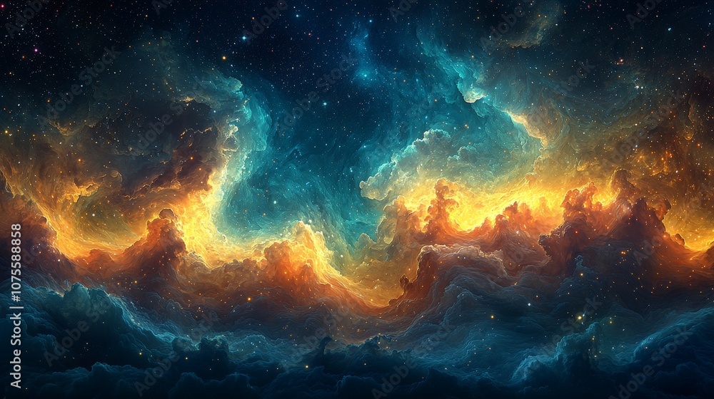 A vibrant cosmic scene with swirling clouds of color and stars, evoking a sense of wonder. A vibrant cosmic scene with swirling clouds of color and stars, evoking a sense of wonder.