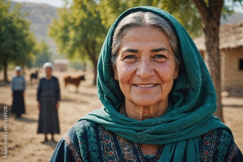 Close portrait of a smiling senior Turkmen female farmer standing and looking at the camera, outdoors Turkmen rural blurred background