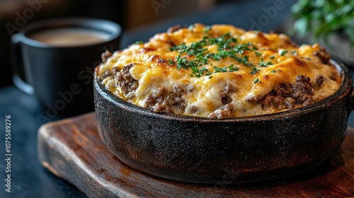 A close-up of a delicious baked dish with melted cheese and a cup of coffee on the side.