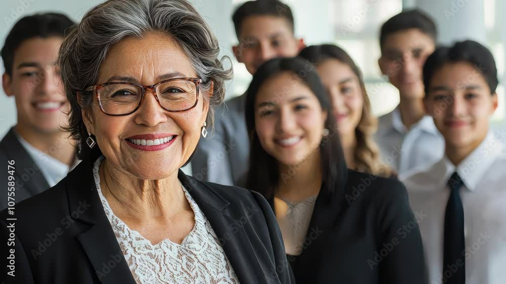 Smiling senior Latino woman with a group of young colleagues, all dressed in business attire, in a bright office space. Simple, open background. Smiling senior Latino woman with a group of young colleagues, all dressed in business attire, in a bright office space. Simple, open background.