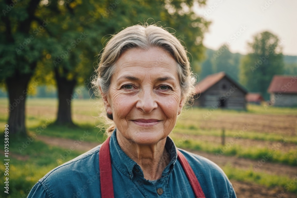 Close portrait of a smiling senior Ukrainian female farmer standing and looking at the camera, outdoors Ukrainian rural blurred background Close portrait of a smiling senior Ukrainian female farmer standing and looking at the camera, outdoors Ukrainian rural blurred background