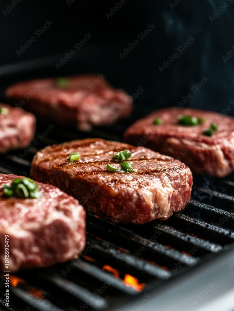Grilling tender beef steaks with green onions on a barbecue grill in summer Grilling tender beef steaks with green onions on a barbecue grill in summer