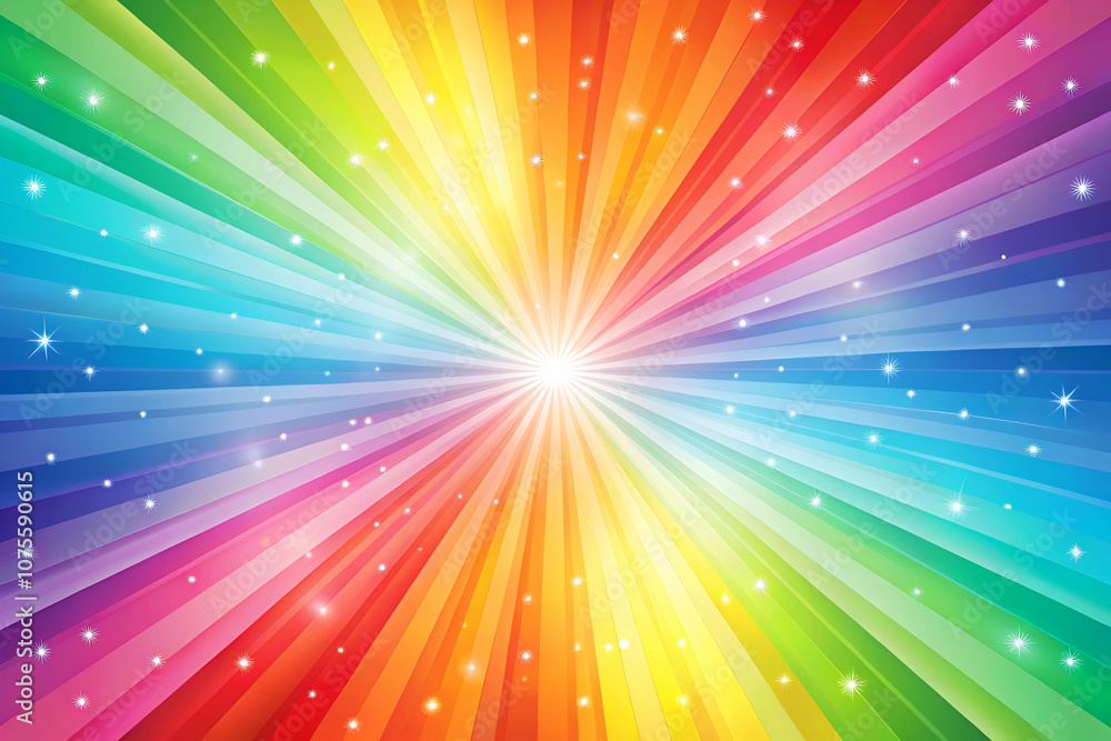 A vibrant, colorful burst of rainbow rays radiating from a bright center, filled with sparkling stars, creating a joyful and energetic atmosphere. A vibrant, colorful burst of rainbow rays radiating from a bright center, filled with sparkling stars, creating a joyful and energetic atmosphere.