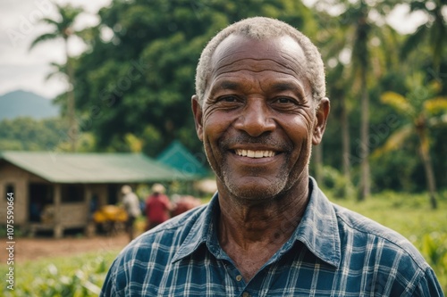 Close portrait of a smiling senior Vanuatuan male farmer standing and looking at the camera, outdoors Vanuatuan rural blurred background