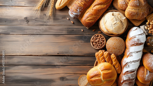 Assortment fresh bread on wooden table. Top view with copy space. Banner concept	 photo