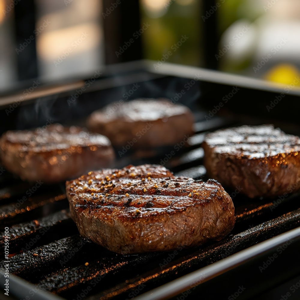 Juicy beef steaks sizzling on a hot grill in the evening light Juicy beef steaks sizzling on a hot grill in the evening light
