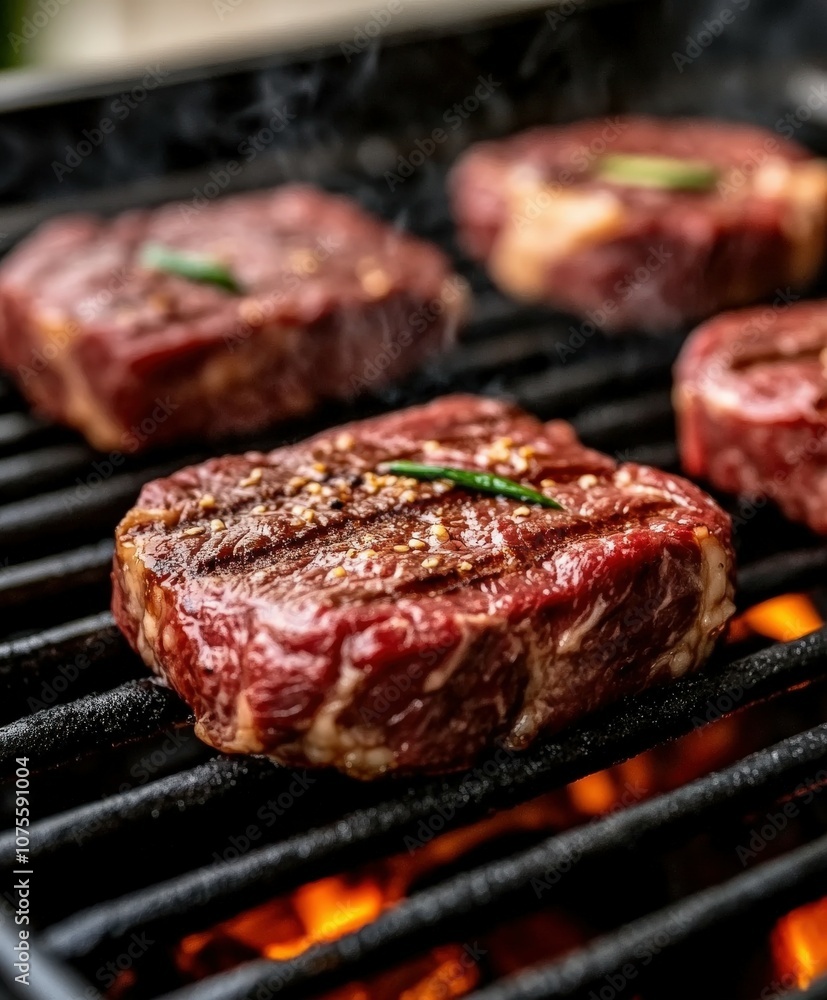 Grilling juicy beef steaks over hot flames on a barbecue at sunset Grilling juicy beef steaks over hot flames on a barbecue at sunset
