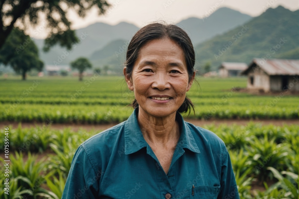 Close portrait of a smiling senior Vietnamese female farmer standing and looking at the camera, outdoors Vietnamese rural blurred background Close portrait of a smiling senior Vietnamese female farmer standing and looking at the camera, outdoors Vietnamese rural blurred background