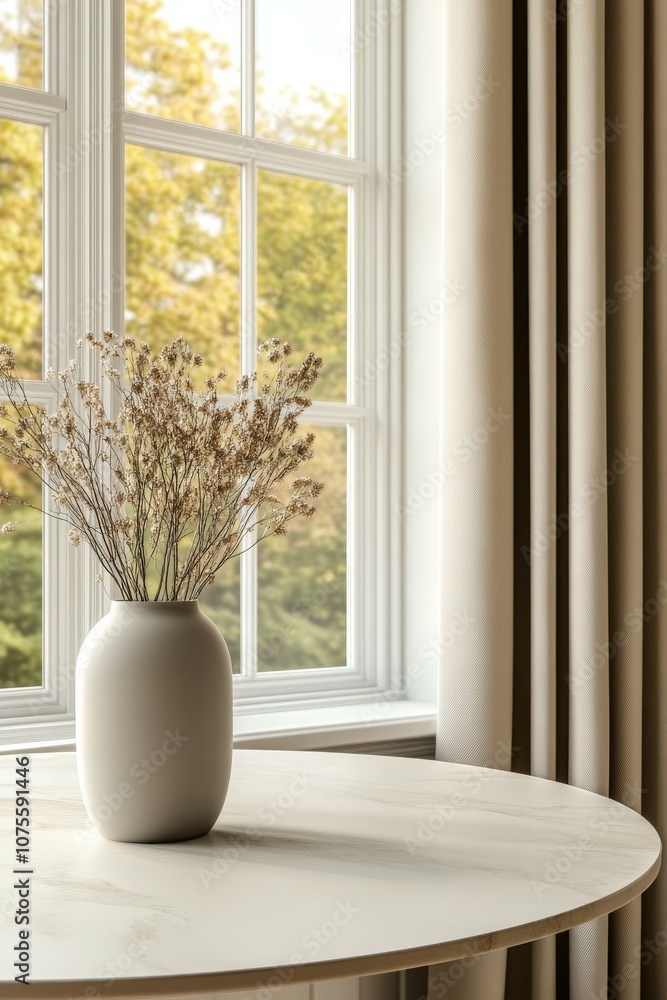 A serene vase with dried flowers on a marble table near a sunlit window A serene vase with dried flowers on a marble table near a sunlit window