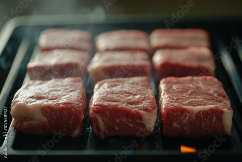 Sizzling beef steaks cooking on a grill in a kitchen setting photo