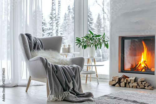 Minimalist home interior design of modern living room with grey fabric lounge chair in light interior with fireplace while snowing outside.	 photo