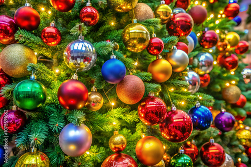 A vibrant Christmas tree adorned with colorful ornaments and warm lights, radiating festive spirit and holiday cheer.