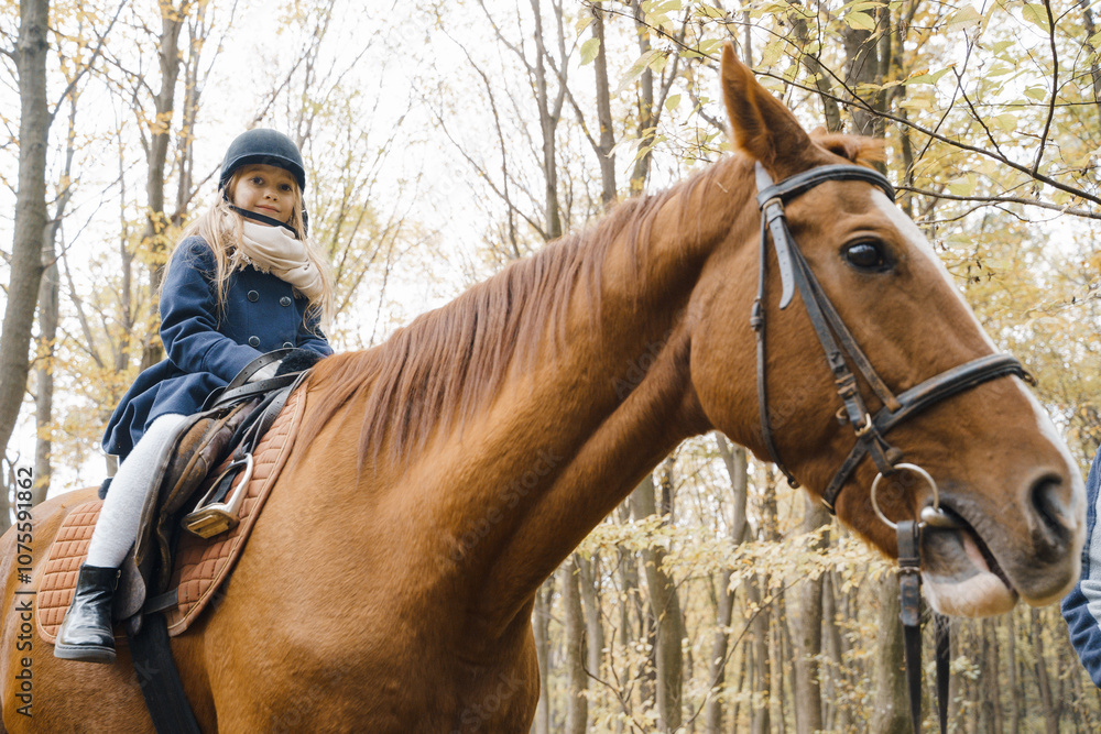 Fototapeta premium Young girl rides a horse in the forest.