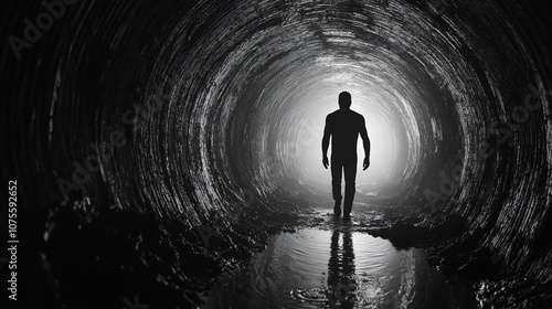 Silhouette of a man walking towards a bright light at the end of a tunnel.