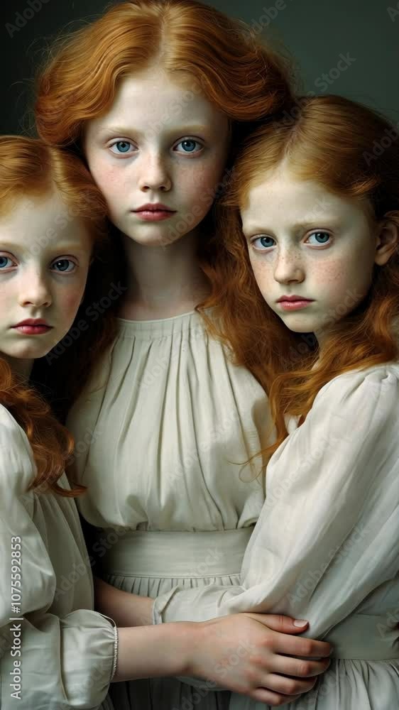 Three girls with red hair are posing for a picture. They are wearing white dresses. One of the girls is holding the other two Three girls with red hair are posing for a picture. They are wearing white dresses. One of the girls is holding the other two