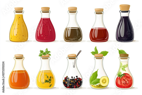 Various colorful sauces and dressings in glass bottles arranged in two rows, highlighting their unique colors and ingredients. Generative AI