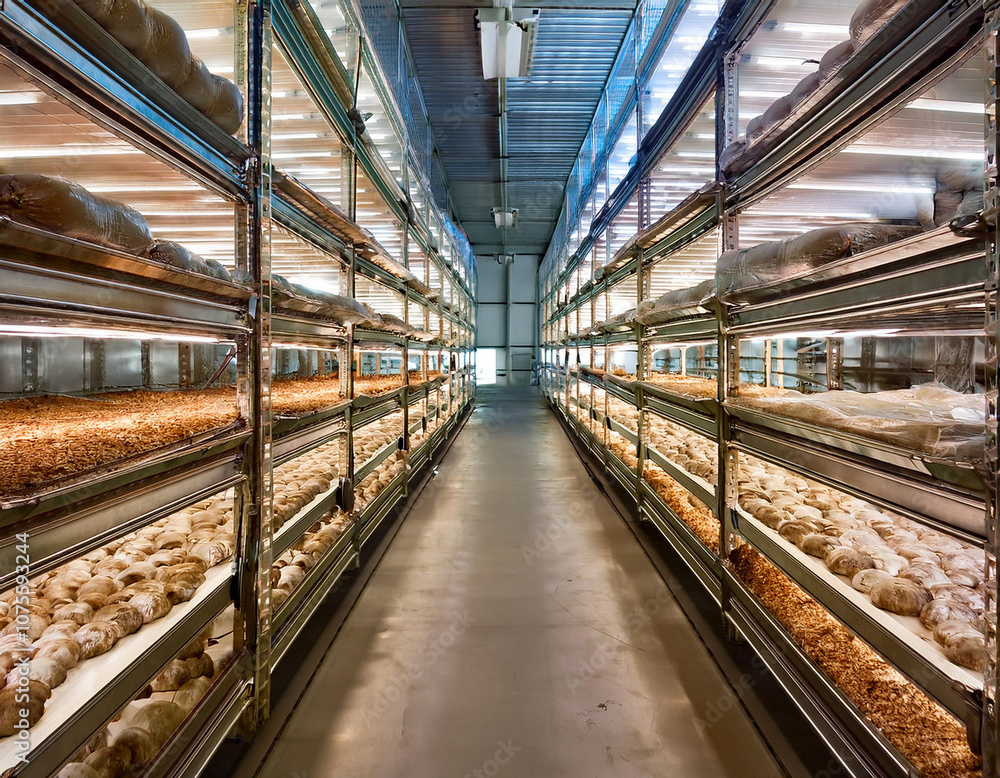 Greenhouse filled with mushroom shelves, growing under controlled light
