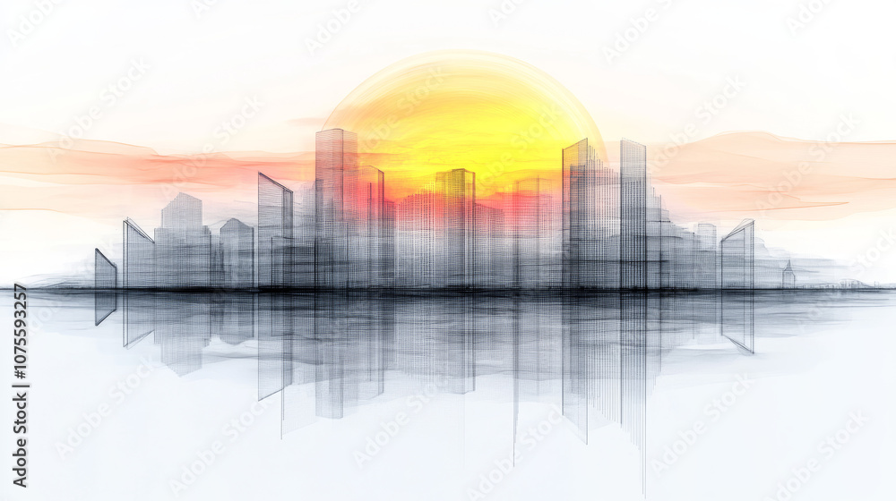 Fototapeta premium Abstract cityscape with a yellow sun setting in the background.