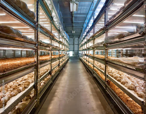 Greenhouse filled with mushroom shelves, growing under controlled light