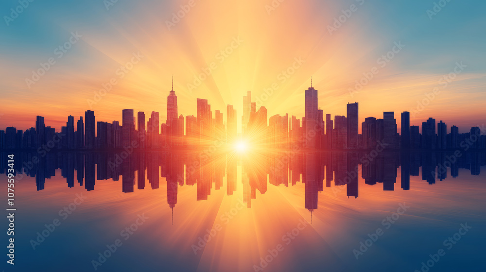Silhouette of a city skyline at sunset with a bright sun shining through the buildings. Silhouette of a city skyline at sunset with a bright sun shining through the buildings.