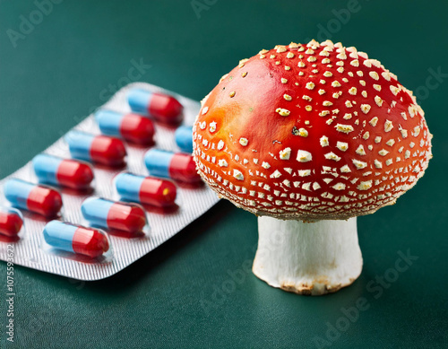 Conceptual image of fly agaric Amanita muscaria medicinal pills capsules photo