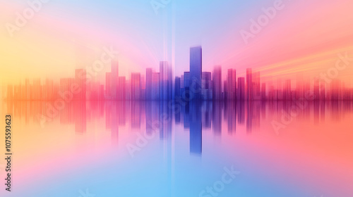 Wallpaper Mural Silhouetted cityscape reflected in still water, a soft pink and blue sunrise in the sky. Torontodigital.ca