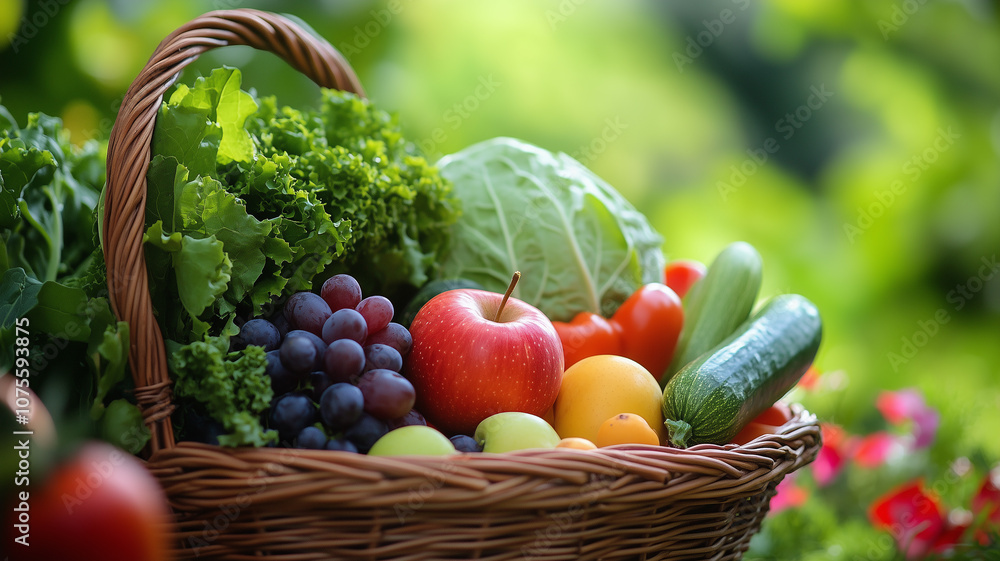 A bountiful harvest of fresh, vibrant fruits and vegetables overflowing from a rustic wicker basket. A bountiful harvest of fresh, vibrant fruits and vegetables overflowing from a rustic wicker basket.
