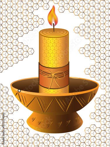 Wax candle in a ceramic candlestick with a background of honeycombs.	