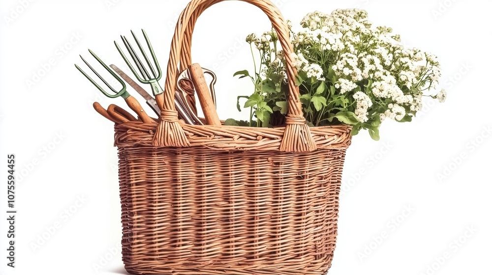 Charming Wicker Basket Filled with Gardening Tools and Fresh White Flowers Perfect for Fruiting and Blooming in a Bright and Inviting Garden Setting Charming Wicker Basket Filled with Gardening Tools and Fresh White Flowers Perfect for Fruiting and Blooming in a Bright and Inviting Garden Setting