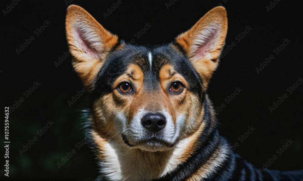 A brown and black dog with big ears stares intently at the camera A brown and black dog with big ears stares intently at the camera