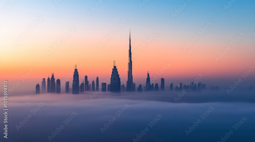 Fototapeta premium A skyline of towering structures breaks through the morning haze, their silhouettes contrasting against a gentle pastel horizon.