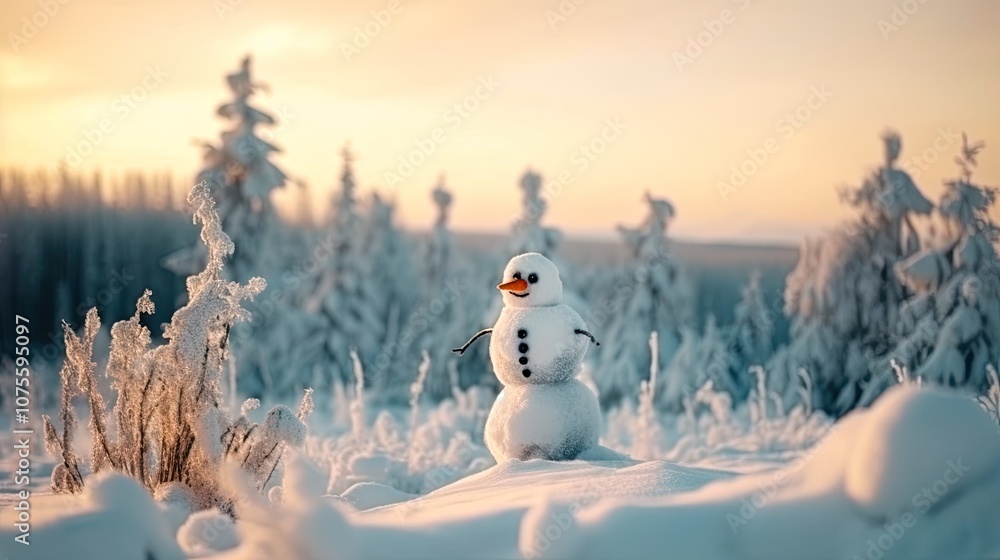 Fototapeta premium Adorable Snowman in a Winter Wonderland with Christmas Lights