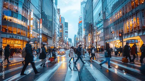 Blurred Crowd of unrecognizable business people walking on Zebra crossing in rush hour working day, blur business and people, lifestyle and leisure