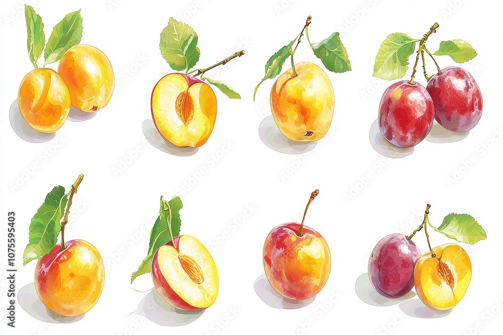 Vibrant s of Fresh Plums and Yellow Plums with Leaves Showcasing Different Angles and Cuts for Culinary and Health Purposes Vibrant s of Fresh Plums and Yellow Plums with Leaves Showcasing Different Angles and Cuts for Culinary and Health Purposes