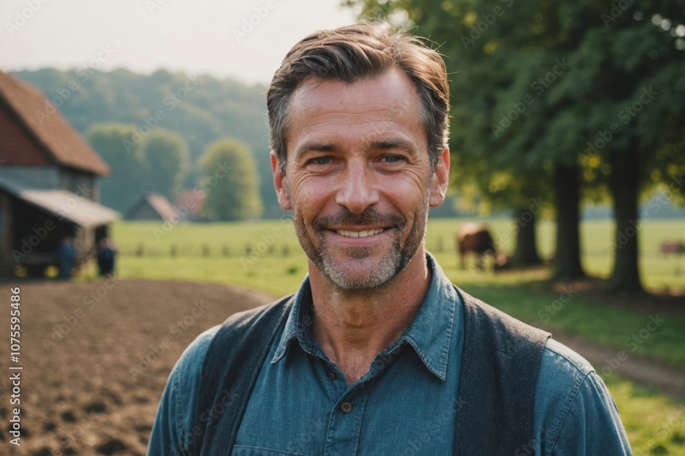 Close portrait of a smiling 40s Belgian male farmer standing and looking at the camera, outdoors Belgian rural blurred background Close portrait of a smiling 40s Belgian male farmer standing and looking at the camera, outdoors Belgian rural blurred background