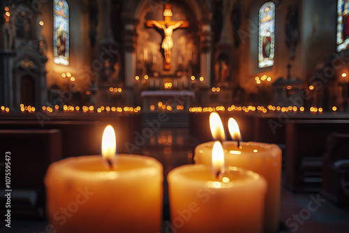 Christian altar with candles, carved crucifix in softly lit church. Majestic cathedral interior adorned with candles. Peace and spirituality