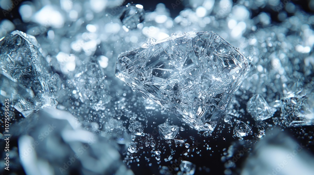 Closeup of shattered ice crystals on a black background. Closeup of shattered ice crystals on a black background.